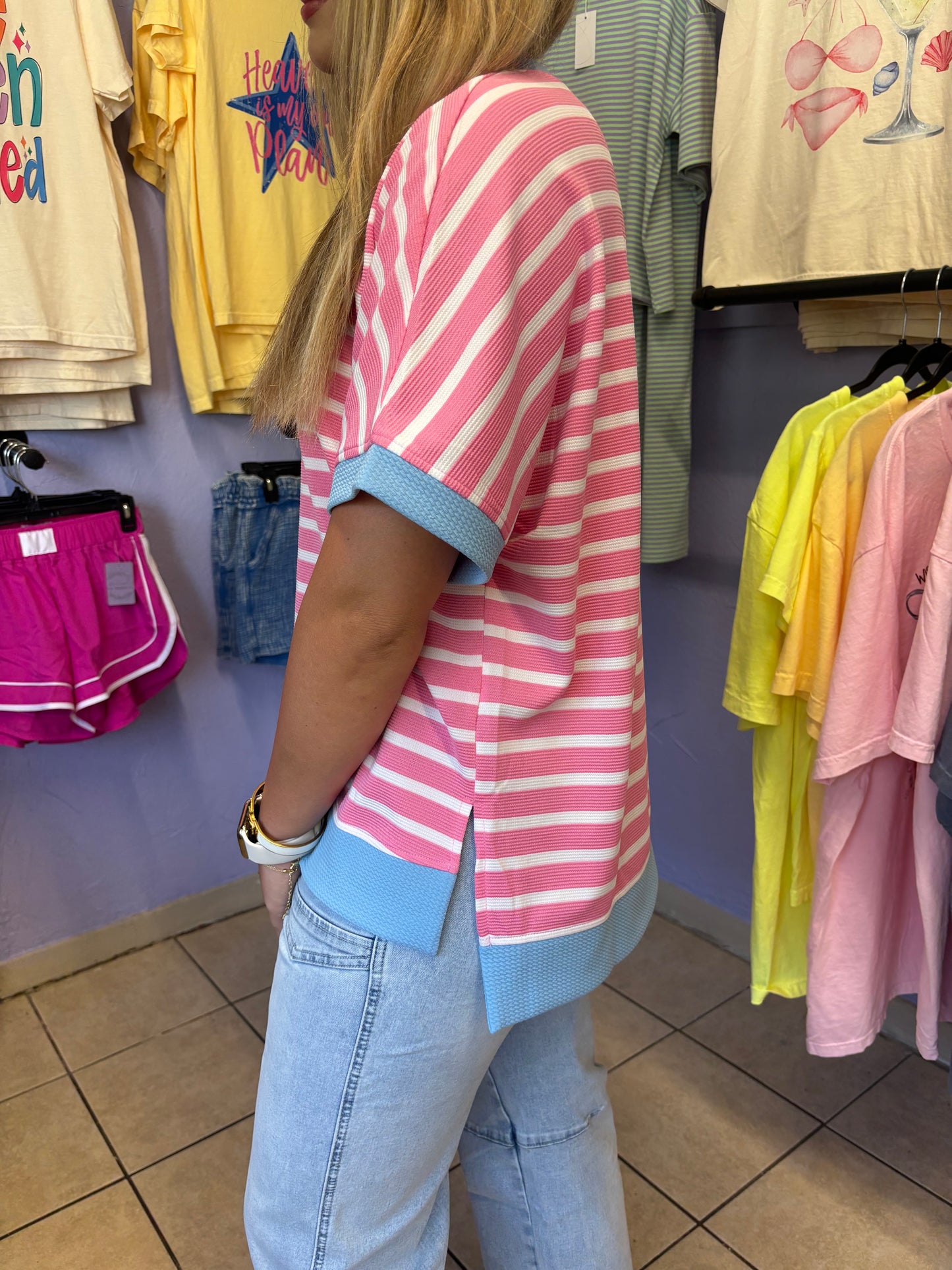 Pink Stripe Colorblock Tee