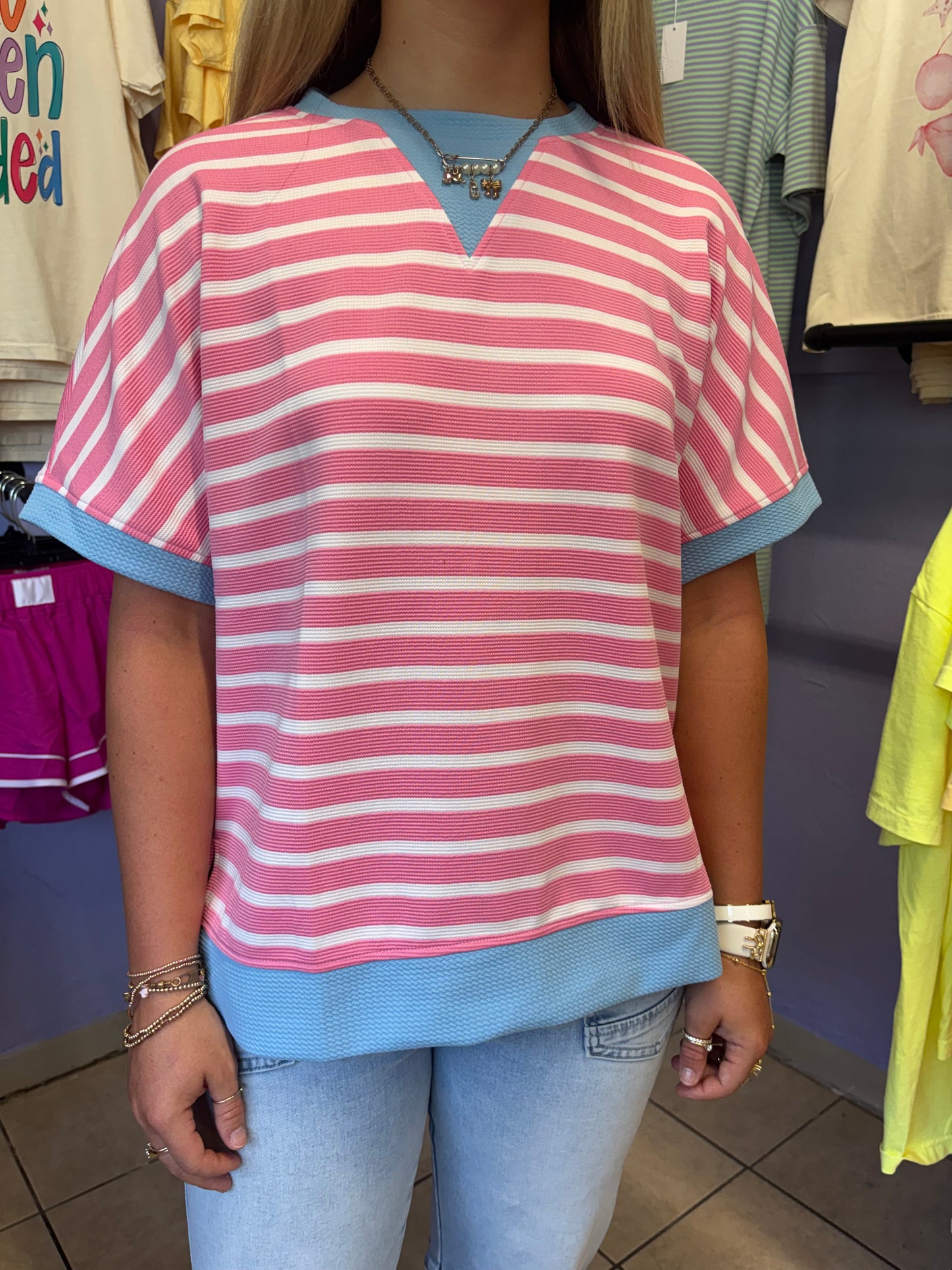 Pink Stripe Colorblock Tee